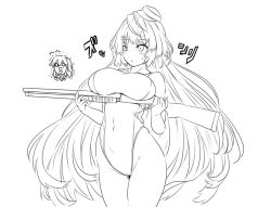 Rule 34 | 1girl, aiuti, bare shoulders, blush, breasts, cameltoe, closed mouth, commentary request, competition swimsuit, covered navel, girls&#039; frontline, greyscale, gun, hair between eyes, hair ornament, hairclip, hat, highleg, highleg swimsuit, holding, holding weapon, ithaca m37, korean text, large breasts, long hair, m37 (girls&#039; frontline), monochrome, navel, one-piece swimsuit, pump action, shotgun, sidelocks, simple background, solo, standing, sweat, swimsuit, ump45 (girls&#039; frontline), very long hair, weapon, white background