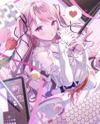 Rule 34 | 1girl, black ribbon, blush, breasts, choker, comiket 103, commentary request, cup, drawing tablet, dress, food, frilled choker, frilled dress, frills, hair ribbon, hands up, highres, holding, holding phone, kappe reeka, keyboard (computer), long sleeves, looking at viewer, macaron, medium breasts, original, phone, pink eyes, pink hair, ribbon, sidelocks, solo, spilling, stylus, tablet pc, teacup, triangle mouth, two side up, upper body, white choker, white dress