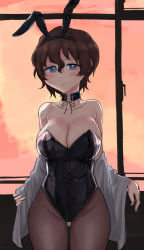 Rule 34 | 10s, 1girl, absurdres, akaboshi koume, animal ears, bare shoulders, black choker, black leotard, black pantyhose, blue eyes, blush, breasts, bright pupils, brown hair, choker, cleavage, closed mouth, cloud, cloudy sky, cowboy shot, curvy, fake animal ears, fishnet pantyhose, fishnets, girls und panzer, grey shirt, groin, half-closed eyes, highres, indoors, lace-up, large breasts, leotard, looking at viewer, off shoulder, open clothes, open shirt, orange sky, pantyhose, playboy bunny, rabbit ears, shirt, short hair, sky, smile, solo, standing, strapless, strapless leotard, thighs, toku (yhpv8752), undressing, wavy hair, white pupils, wide hips, window