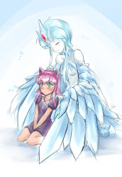 Rule 34 | 2girls, animal ears, anivia, annie (league of legends), blue hair, cat ears, child, dress, green eyes, harpy, league of legends, monster girl, multiple girls, nam (valckiry), personification, pink hair, short hair, short hair with long locks, winged arms, wings