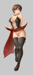 Rule 34 | 1girl, bare shoulders, belt, blush, breasts, brown hair, brown theme, cape, cleavage, corset, grey background, grey eyes, highres, looking at viewer, navel, panties, ruby rose, rwby, shonomi, short hair, simple background, smile, solo, thigh gap, thighhighs, underwear, upskirt