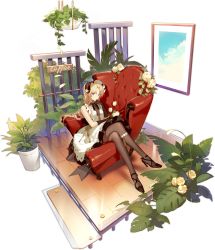 Rule 34 | 1girl, ankle strap, ask (askzy), azur lane, black pantyhose, blonde hair, blue eyes, bonnet, breasts, chair, closed mouth, crossed legs, dress, flower, hanging plant, high heels, highres, key, long hair, looking at viewer, official art, on chair, painting (object), pantyhose, plant, potted plant, rose, see-through, short dress, sitting, sleeveless, sleeveless dress, small breasts, solo, strappy heels, transparent background, vanguard (azur lane), vanguard (half-hearted masquerade) (azur lane), white flower, white rose, wooden floor