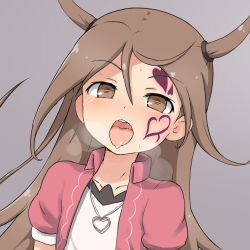 Rule 34 | 1girl, blouse, blush, brown eyes, brown hair, collarbone, collared shirt, facial tattoo, female focus, grey background, hair between eyes, heart, heart necklace, heart tattoo, heavy breathing, jewelry, kagami tina, long hair, looking at viewer, mushiking, necklace, open clothes, open mouth, open shirt, pink shirt, saliva, shirt, simple background, solo, sweat, tattoo, two side up, upper body, white shirt, yakihebi