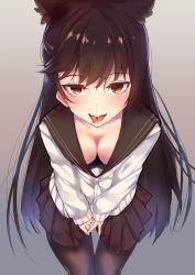Rule 34 | 1girl, alternate costume, animal ears, atago (azur lane), atago (school traumerei) (azur lane), atago (school traumerei) (azur lane), azur lane, bad id, bad twitter id, black hair, black pantyhose, black sailor collar, blush, breasts, brown eyes, brown skirt, cleavage, extra ears, grey background, heart, heart-shaped pupils, highres, large breasts, leaning forward, long hair, looking at viewer, mole, mole under eye, neckerchief, open mouth, pantyhose, pleated skirt, sailor collar, saliva, saliva trail, school uniform, simple background, skirt, solo, standing, suujiniku, swept bangs, symbol-shaped pupils, tongue, tongue out, very long hair, white neckerchief