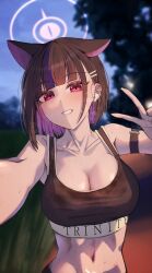 1girl absurdres animal_ears arm_strap bare_shoulders black_hair blue_archive blunt_bangs blush cat_ears earbuds earphones grin highres kazusa_(blue_archive) looking_at_viewer multicolored_hair navel nyo2_ng outdoors pink_eyes pink_hair short_hair smile solo sports_bra sweat two-tone_hair v