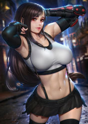 Rule 34 | 1girl, abs, arm guards, armpits, arms up, black hair, black skirt, black thighhighs, brown eyes, commentary, crop top, elbow gloves, english commentary, final fantasy, final fantasy vii, final fantasy vii remake, fingerless gloves, gloves, long hair, midriff, narrow waist, navel, neoartcore, paid reward available, parted lips, pleated skirt, skirt, smile, solo, square enix, stomach, suspenders, sweat, thighhighs, tifa lockhart, toned, zettai ryouiki