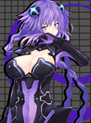 Rule 34 | 1girl, absurdres, blue eyes, braid, breasts, cleavage, cleavage cutout, clothing cutout, covered navel, d-pad, d-pad hair ornament, hair ornament, hand to own mouth, hand up, highres, large breasts, leotard, long hair, looking at viewer, neptune (series), power symbol, power symbol-shaped pupils, purple hair, purple heart (neptunia), shishin (shishintei), skin tight, solo, symbol-shaped pupils, twin braids, twintails, upper body, very long hair