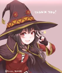 Rule 34 | 10s, 1girl, :d, black hair, cape, celebration, collar, disco brando, dress, drawing on another&#039;s face, fingerless gloves, gloves, hat, kono subarashii sekai ni shukufuku wo!, looking at viewer, megumin, open mouth, red eyes, short hair, smile, solo, thank you, thighhighs, twitter username, v, witch hat