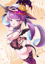 Rule 34 | 1girl, alternate breast size, ass, back, black panties, blue eyes, blunt bangs, blush, bow, bowtie, braid, breast hold, breasts, butt crack, colored inner hair, crystal shoujo, curly hair, demon tail, demon wings, detached collar, fake tail, fake wings, half-closed eyes, halloween, hat, highleg, highleg panties, highres, hololive, large breasts, long hair, looking at viewer, looking up, minato aqua, multicolored clothes, multicolored hair, multicolored legwear, open mouth, panties, pumpkin, purple eyes, purple hair, purple thighhighs, revealing clothes, smile, smug, solo, string panties, striped clothes, striped thighhighs, tail, thighhighs, thong, twintails, two-tone hair, underwear, virtual youtuber, wings, witch hat