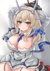 Rule 34 | 1girl, between breasts, black gloves, blonde hair, blue bow, blue eyes, blue necktie, bow, breasts, capelet, dress, garter straps, gloves, grey capelet, grey dress, headgear, highres, kantai collection, kasashi (kasasi008), large breasts, long hair, looking at viewer, low twintails, maryland (kancolle), multicolored capelet, necktie, necktie between breasts, radio antenna, restrained, rope, shirt, sleeveless, solo, strapless, strapless dress, twintails, white shirt