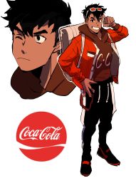 Rule 34 | 1boy, backpack, bad id, bad twitter id, bag, coca-cola, dark-skinned male, dark skin, full body, hand on own hip, highres, hood, hoodie, kendy (revolocities), layered clothes, logo, looking at viewer, male focus, nose piercing, one eye closed, original, personification, piercing, salute, solo, standing, undercut