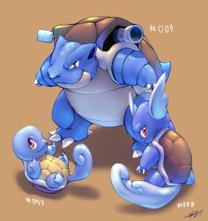 Rule 34 | absurdres, blastoise, claws, closed mouth, commentary, creatures (company), english commentary, evolutionary line, fang, fang out, game freak, gen 1 pokemon, highres, likey, looking at viewer, lying, nintendo, no humans, on back, pokedex number, pokemon, pokemon (creature), smile, squirtle, standing, wartortle
