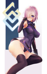 Rule 34 | 1girl, adjusting eyewear, arm support, armor, armored dress, black thighhighs, breasts, fate/grand order, fate (series), glasses, hair over one eye, highres, hip focus, large breasts, legs, lying, mash kyrielight, on side, purple hair, red-framed eyewear, short hair, solo, thighhighs, thighs, youta