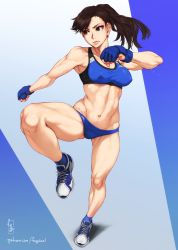 Rule 34 | 1girl, abs, alternate costume, alternate hairstyle, artist name, bare shoulders, blue theme, brown eyes, brown hair, capcom, chun-li, clenched hands, covered erect nipples, feguimel, female focus, fingerless gloves, full body, gloves, highres, leg up, lips, midriff, muscular, muscular female, navel, ponytail, shoes, sneakers, solo, sports bikini, sports bra, standing, standing on one leg, street fighter, sweat, toned