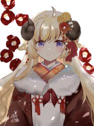 Rule 34 | 1girl, ahoge, animal ears, blonde hair, brown kimono, closed mouth, commentary request, curled horns, floral background, floral print, flower, fur trim, hair between eyes, hair flower, hair ornament, happy new year, hololive, horns, japanese clothes, kimono, long hair, lunacats, new year, open clothes, print kimono, purple eyes, red flower, sheep ears, sheep horns, simple background, smile, solo, tsunomaki watame, tsunomaki watame (new year), upper body, very long hair, virtual youtuber, white background, yellow flower