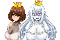 Rule 34 | 2girls, :d, artist request, blue tongue, breasts, brown hair, cleavage, colored tongue, dress, frown, goomba, grey eyes, large breasts, looking at viewer, luigi&#039;s mansion, mario (series), multiple girls, new super mario bros. u deluxe, nintendo, open mouth, pale skin, princess king boo, puffy short sleeves, puffy sleeves, purple eyes, see-through, sharp teeth, short sleeves, sketch, smile, super crown, teeth, thick eyebrows, upper body, white background, white dress, white hair