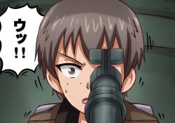 Rule 34 | 1girl, brown eyes, brown hair, close-up, commentary, freckles, girls und panzer, highres, motion lines, naomi (girls und panzer), omachi (slabco), open mouth, short hair, solo, surprised, sweatdrop, tank interior, translated, very short hair