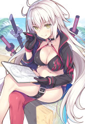 Rule 34 | 1girl, :q, ahoge, beach, bikini, black bikini, black gloves, black jacket, blurry, blurry background, blush, breasts, choker, cleavage, commentary request, crossed legs, day, fate/grand order, fate (series), gloves, hair between eyes, highres, holding, holding notepad, holding pen, jacket, jeanne d&#039;arc alter (swimsuit berserker) (fate), jeanne d&#039;arc (fate), jeanne d&#039;arc alter (fate), jeanne d&#039;arc alter (swimsuit berserker) (fate), katana, large breasts, long hair, looking at viewer, md5 mismatch, multiple swords, notepad, nozomi tsubame, o-ring, o-ring bikini, outdoors, pen, red thighhighs, resolution mismatch, shrug (clothing), silver hair, single thighhigh, sitting, smile, solo, source larger, swimsuit, sword, thighhighs, tongue, tongue out, very long hair, weapon, yellow eyes