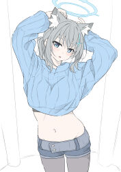 Rule 34 | 1girl, animal ear fluff, animal ears, arms behind head, black pantyhose, blue archive, blue eyes, blue halo, blue shorts, blue sweater, blush, bright pupils, cowboy shot, cross hair ornament, grey hair, hair ornament, halo, highres, long sleeves, looking at viewer, masabodo, midriff, mismatched pupils, navel, open mouth, pantyhose, revision, shiroko (blue archive), shorts, simple background, solo, stomach, sweater, white background, white pupils, wolf ears