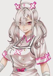 Rule 34 | 1girl, ahoge, bandaged arm, bandages, blunt bangs, breasts, closed mouth, collared shirt, grey hair, hair ornament, hair over one eye, hat, highres, hoshi san 3, large breasts, long hair, looking at viewer, mole, mole under eye, nijisanji, nurse, one eye covered, pink eyes, shirt, short sleeves, simple background, smile, solo, sukoya kana, twintails, virtual youtuber, white background, white hat, white shirt, wing collar, x hair ornament