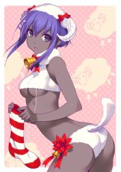 Rule 34 | 1girl, ass, bare shoulders, bell, breasts, christmas stocking, dark-skinned female, dark skin, fate/grand order, fate/prototype, fate/prototype: fragments of blue and silver, fate (series), hair between eyes, hassan of serenity (fate), hassan of serenity (merry sheep) (fate), horns, looking at viewer, medium breasts, nishimura eri, purple eyes, purple hair, sheep horns, sheep tail, short hair, short hair with long locks, sidelocks, simple background, solo, string, tail, underboob