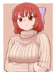 Rule 34 | 1girl, alternate costume, arms under breasts, beige sweater, blue bow, blunt bangs, border, bow, breasts, brown background, closed mouth, commentary request, crossed arms, expressionless, fingernails, hair bow, medium breasts, outside border, poronegi, red eyes, red hair, ribbed sweater, sekibanki, short hair, simple background, solo, sweater, touhou, turtleneck, turtleneck sweater, upper body, white border