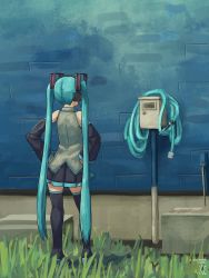 Rule 34 | 1girl, aqua hair, artist name, black footwear, black skirt, black sleeves, boots, commentary, dated, detached sleeves, digiral, english commentary, from behind, grass, grey shirt, hands on own hips, hatsune miku, headphones, high heel boots, high heels, highres, hose, long hair, outdoors, shirt, skirt, sleeveless, sleeveless shirt, solo, standing, thigh boots, twintails, very long hair, vocaloid, watermark, wide sleeves