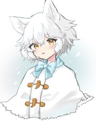 Rule 34 | 1girl, alternate hairstyle, animal ears, arctic fox (kemono friends), blue bow, blue bowtie, blush, bow, bowtie, capelet, clasp, commentary request, fox ears, fox girl, highres, kemono friends, looking at viewer, megumi 222, open mouth, short hair, simple background, snow, solo, white capelet, white hair, yellow eyes