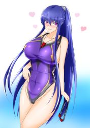 Rule 34 | absurdres, akiyama rinko, blue background, blue hair, blush, breasts, competition swimsuit, covered navel, eyes visible through hair, goggles, gradient background, highres, large breasts, long hair, looking at viewer, one-piece swimsuit, pink background, ponytail, purple eyes, purple one-piece swimsuit, rekka (alo4610), smile, solo, swimsuit, taimanin (series), taimanin yukikaze, whistle, whistle around neck