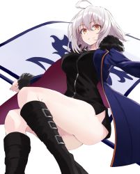 Rule 34 | 1girl, ahoge, ass, black footwear, black vest, boots, bottomless, breasts, coat, fate/grand order, fate (series), feet out of frame, flag, fur trim, highres, holding, jeanne d&#039;arc (fate), jeanne d&#039;arc alter (fate), jeanne d&#039;arc alter (ver. shinjuku 1999) (fate), jewelry, large breasts, long sleeves, looking at viewer, necklace, no pants, official alternate costume, orange eyes, outstretched arms, parted lips, short hair, shunichi, silver hair, simple background, smile, solo, spread arms, vest, white background