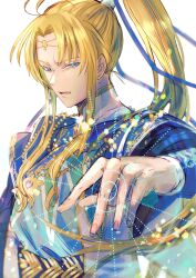 Rule 34 | 1boy, blonde hair, blue (saga frontier), blue eyes, hair ornament, highres, jewelry, long hair, looking at viewer, magic, male focus, miyama (lacrima01), necklace, open mouth, ponytail, saga, saga frontier, simple background, solo, white background