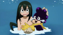 Rule 34 | 1boy, 1girl, asui tsuyu, boku no hero academia, covered erect nipples, crying, green hair, hand on chest, hand on head, highres, looking ahead, looking at viewer, mineta minoru, nipples, nude filter, open mouth, partially submerged, third-party edit, topless, uncensored