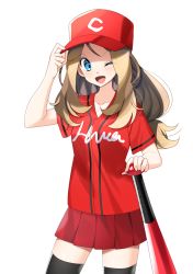 Rule 34 | 1girl, ;d, baseball bat, baseball cap, black thighhighs, blue eyes, brown hair, collarbone, cowboy shot, creatures (company), floating hair, game freak, hat, highres, long hair, looking at viewer, low-tied long hair, miniskirt, nintendo, one eye closed, open mouth, pleated skirt, pokemon, pokemon xy, red hat, red shirt, red skirt, serena (pokemon), shirt, short sleeves, simple background, skirt, smile, solo, standing, thighhighs, very long hair, white background, yuihico, zettai ryouiki