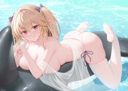 Rule 34 | 1girl, :q, absurdres, anchorage (azur lane), anchorage (dolphins and swim lessons) (azur lane), ass, azur lane, bikini, bikini bottom only, black bow, blonde hair, bow, breasts, doraski, hair between eyes, hair bow, highres, large breasts, long hair, looking at viewer, lying, on stomach, red eyes, solo, swimsuit, thighhighs, tongue, tongue out, topless, twintails, water, white bikini, white thighhighs
