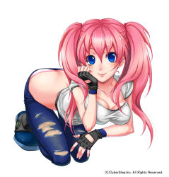 Rule 34 | 1girl, bad id, bad pixiv id, blue eyes, breasts, character request, cleavage, denim, fingerless gloves, full body, get amped 2, gloves, jeans, medium breasts, nanaca cs, official art, panties, pants, pink hair, shidatsu takayuki, shoes, simple background, smile, solo, squatting, tiffany sparks, twintails, underwear