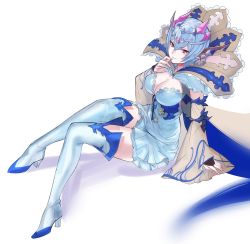 Rule 34 | 1girl, blue hair, blue lips, boots, breasts, cleavage, detached sleeves, granblue fantasy, high collar, highres, large breasts, lipstick, macula marius, makeup, pink eyes, short hair, sitting, smile, solo, tetsu (kimuchi), thigh boots, thighhighs, tiara, white background, wide sleeves