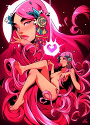 Rule 34 | 1girl, absurdres, aphrodite (hades), bare shoulders, blush, breasts, closed mouth, feet, fingernails, hades (series), hades 1, hair censor, hair ornament, heart, highres, iyttriumi, jewelry, laurel crown, legs, lips, long hair, looking at viewer, nude, parted bangs, pink eyes, pink hair, ring, signature, simple background, stomach, very long hair