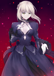 Rule 34 | 1girl, artoria pendragon (all), artoria pendragon (fate), black dress, black ribbon, blonde hair, breasts, cleavage, closed mouth, collarbone, dress, fate/stay night, fate (series), gogatsu fukuin, gradient background, hair between eyes, hair ribbon, hand on own chest, highres, juliet sleeves, long hair, long sleeves, looking at viewer, medium breasts, pale skin, puffy sleeves, red background, ribbon, saber alter, sidelocks, smile, solo, yellow eyes
