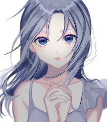 Rule 34 | 1girl, bad id, bad pixiv id, bare shoulders, blue eyes, closed mouth, collarbone, commentary request, cowboy shot, highres, long hair, looking at viewer, original, p2 (uxjzz), simple background, solo, white background