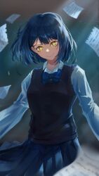 Rule 34 | 1girl, absurdres, aqua eyes, arkerxx, black sweater, blue bow, blue bowtie, blue hair, blue skirt, blush, bow, bowtie, closed mouth, collared shirt, commentary request, cowboy shot, flying paper, hair between eyes, highres, kurokawa akane, light particles, looking at viewer, medium hair, oshi no ko, paper, partial commentary, pleated skirt, school uniform, shirt, skirt, smile, solo, star-shaped pupils, star (symbol), sweater, symbol-shaped pupils, white shirt