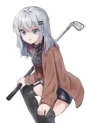 Rule 34 | 1girl, absurdres, blue eyes, cardigan, commission, garter belt, garter straps, golf club, hair between eyes, hair ornament, hairclip, highres, holding, jacket, jewelry, long hair, necklace, open mouth, original, pocari (sq551), thighhighs, turtleneck, white hair