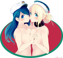 Rule 34 | 10s, 2girls, :o, aqua eyes, atago (kancolle), bad id, bad pixiv id, bare arms, bare shoulders, beret, blonde hair, blue eyes, blue hair, blue nails, blush, breast press, breasts, choker, cleavage, collarbone, detached collar, eyebrows, eyes visible through hair, female admiral (kancolle), female focus, hair between eyes, hair bun, hair over one eye, hat, holding hands, imminent kiss, interlocked fingers, kantai collection, large breasts, long hair, looking at viewer, multiple girls, nail polish, navel, neck, nude, o3o, open mouth, peaked cap, ponytail, short hair, sideboob, signature, swept bangs, symmetrical docking, tebi (tbd11), upper body, yuri