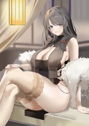 Rule 34 | 1girl, absurdres, arm support, azur lane, breasts, brown dress, charybdis (azur lane), charybdis (red chamber of healing) (azur lane), cleavage, couch, dress, feather boa, grey hair, highres, large breasts, crossed legs, leotard, leotard under clothes, looking at viewer, official alternate costume, pelvic curtain, sitting, smile, thighhighs, thighs, tnr (horiko1525)