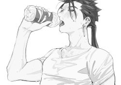 Rule 34 | 1boy, biceps, bottle, collarbone, cu chulainn (fate), earrings, fate (series), greyscale, half-closed eyes, itk, jewelry, cu chulainn (fate/stay night), long hair, looking at viewer, male focus, monochrome, simple background, solo, sweat, tongue, tongue out, water bottle, white background