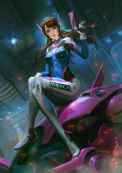 Rule 34 | 1girl, acronym, alternate eye color, animal print, arm cannon, armor, blue bodysuit, bodysuit, boots, bracer, breasts, breasts apart, brown eyes, brown hair, character name, charm (object), closed mouth, crossed legs, d.va (overwatch), eyelashes, facepaint, facial mark, gloves, gun, hand on lap, hand up, hanzheng tang, headphones, indoors, knee pads, legs together, lips, long hair, long sleeves, mecha, medium breasts, meka (overwatch), nose, overwatch, overwatch 1, pauldrons, pilot suit, pink lips, purple eyes, rabbit print, ribbed bodysuit, robot, shoulder armor, shoulder pads, sitting, skin tight, skindentation, smile, solo, thigh boots, thigh strap, thighhighs, trigger discipline, turtleneck, weapon, whisker markings, white footwear, white gloves