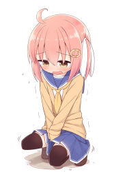 Rule 34 | 1girl, ahoge, ayanepuna, black thighhighs, blue sailor collar, blue skirt, brown eyes, brown footwear, brown jacket, commentary request, covering privates, covering crotch, flying sweatdrops, full body, hair between eyes, hair ornament, hair ribbon, jacket, loafers, long sleeves, neckerchief, one side up, open clothes, open jacket, original, pee, peeing, peeing self, pink hair, pleated skirt, ribbon, sailor collar, school uniform, serafuku, shirt, shoes, simple background, skirt, sleeves past wrists, solo, thighhighs, white background, white ribbon, white shirt, yellow neckerchief, yune (ayanepuna)