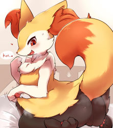 Rule 34 | 1girl, absurdres, animal ear fluff, animal ears, animal feet, animal hands, animal nose, ass, black fur, blush, body fur, braixen, breasts, breath, claws, creatures (company), english text, fang, feet, female focus, fox ears, fox girl, fox tail, from behind, furry, furry female, game freak, gen 6 pokemon, hand to own mouth, hand up, happy, heart, highres, hot, indoors, kyameta, lifted by self, looking down, medium breasts, neck fur, nintendo, on bed, open mouth, pawpads, pokemon, pokemon (creature), red eyes, sideways mouth, sitting, smile, snout, solo, speech bubble, spoken heart, steam, steaming body, tail, tail raised, talking, thick thighs, thighs, white fur, yellow fur