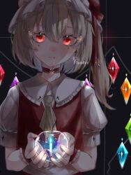 Rule 34 | 1girl, blood, candle, choker, crystal, dark background, fire, fire, flandre scarlet, flat chest, hat, holding, mob cap, one side up, red choker, rito31illust, short hair with long locks, simple background, solo, touhou, upper body, wings