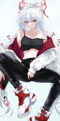 Rule 34 | 1girl, absurdres, alternate costume, bare shoulders, black pants, bow, cellphone, charm (object), closed mouth, commentary request, crop top, fujiwara no mokou, full body, hair between eyes, hair bow, high tops, highres, houraisan kaguya, jacket, knee up, long hair, long sleeves, looking at viewer, midriff, navel, off shoulder, pants, phone, red bow, red eyes, red footwear, red jacket, shoes, simple background, smartphone, sneakers, solo, strap slip, tadano1129, touhou, two-sided fabric, two-sided jacket, two-tone bow, very long hair, white background, white bow, white footwear, white hair, white jacket