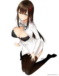 Rule 34 | 10s, 112san, 1girl, bad id, bad pixiv id, black hair, black thighhighs, blunt bangs, blush, bow, bra, breasts, breasts out, cleavage, collared shirt, dress shirt, full body, green eyes, hair ornament, kneeling, large breasts, long hair, looking at viewer, open clothes, open shirt, persona, persona 5, shirt, solo, straight hair, thighhighs, tougou hifumi, underwear, white background, white shirt